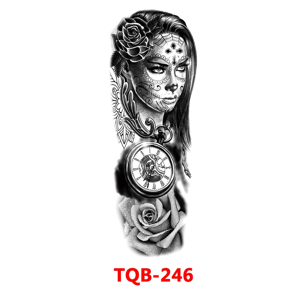 Large Arm Sleeve Tattoo Rose Gear Clock Eye Waterproof Temporary Tatto Sticker Lion Wolf King Body Art Full Fake Tatoo Women Men