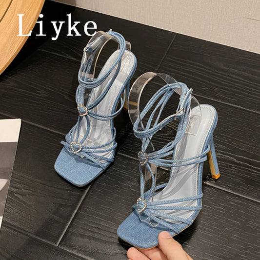 Liyke Summer Blue Denim Sandals Women Elegant Square Toe Party Wedding High Heels Crystal Buckle Narrow Band Female Dress Shoes