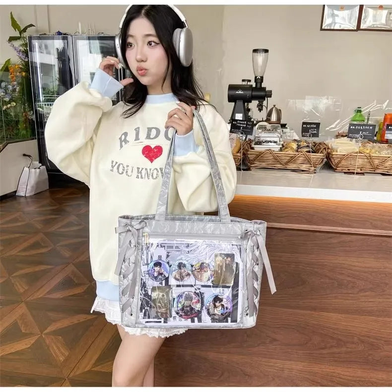 New Y2K Ribbon Bow Japanese Ita Shoulder Bag Cute Girl Transparent Pocket Large Capacity Crossbody Tote Bag DIY Display Handbags