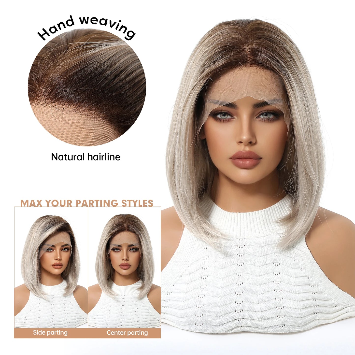 Topshe Short Bob 13x6 HD Lace Front Wig Ombre Blonde Straight Synthetic Wigs Glueless Pre-Plucked Heat Resistant Fiber Daily
