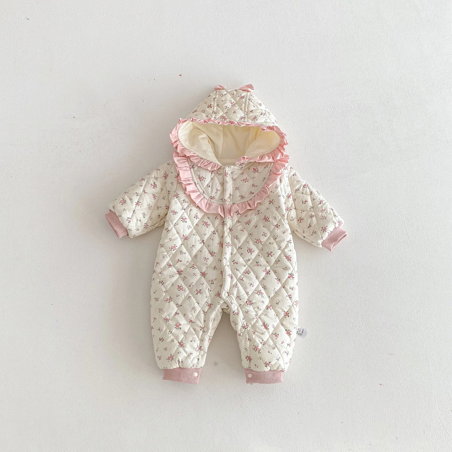 Baby Girl Winter Sweet and Cute Floral Cotton Padded Hooded Jumpsuit, Baby Girl Warm and Comfortable Long Sleeve Cotton Padded Jumpsuit