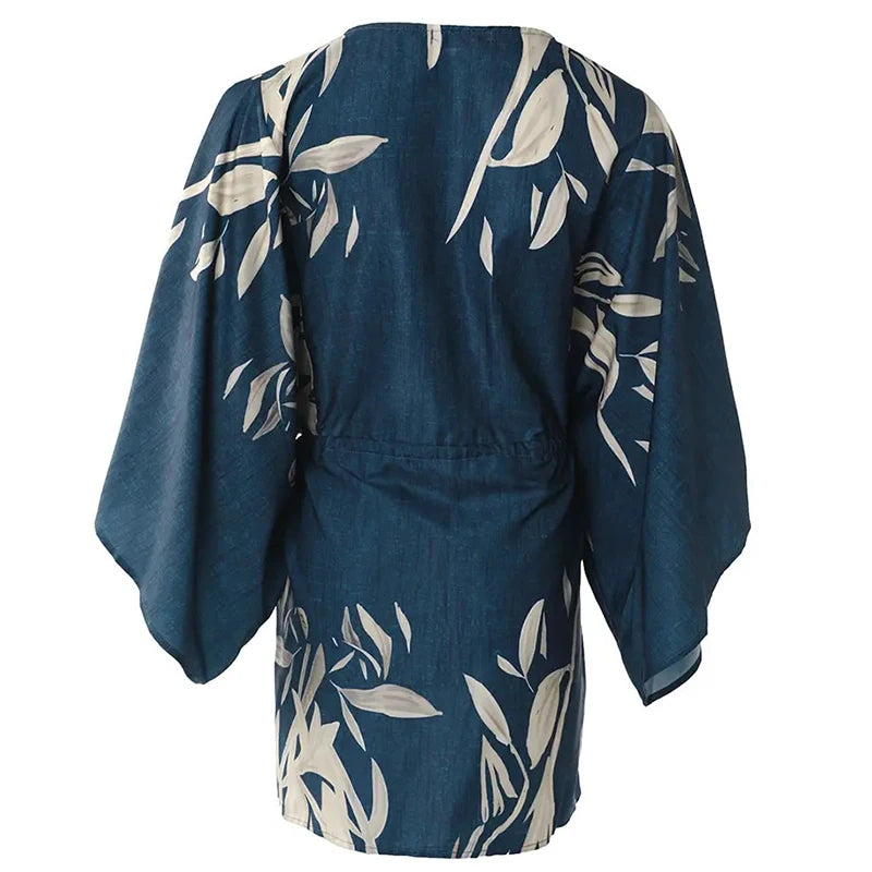 Women Casual Loose Dress Beach Boho Dress Fashion Vintage Print V Neck Drawstring Mini Dress Summer Dresses Robe Femme 2022