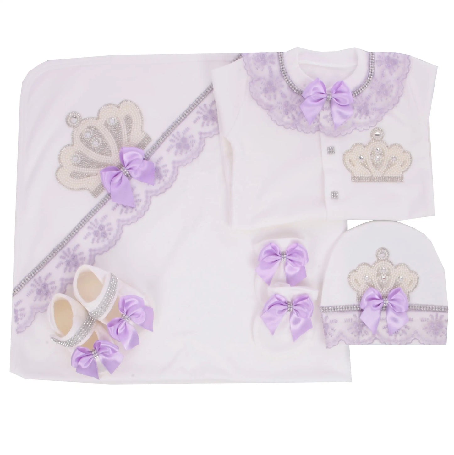 5pcs Newborn Baby Embroidery Lace Romper Outfit Clothing Cotton Infant Wrapped Baby Products Pants Mittens Receiving Blanket