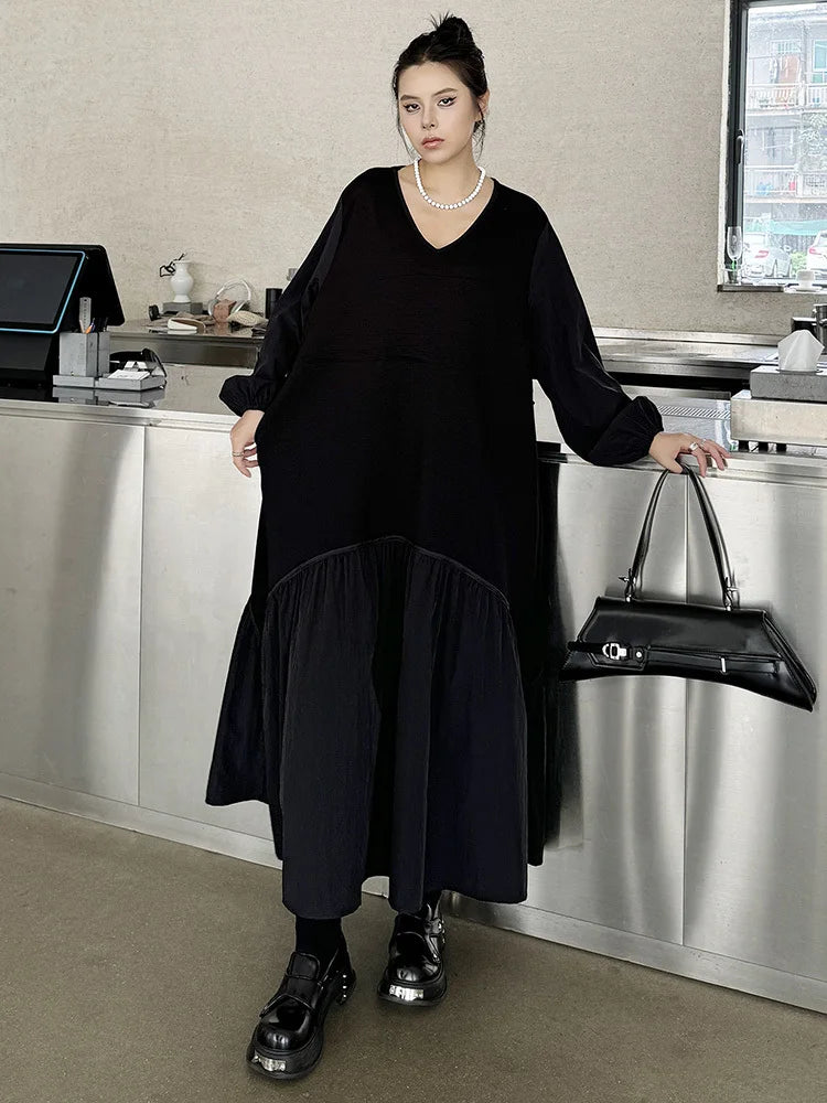 EAM Women Black Waist Drawstring Big Size Casual Midi Dress New V-Neck Long Sleeve Fashion Tide Spring Autumn 2026 1DJ3697