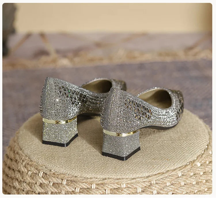 Sequines Cloth Gold rivets pumps women pointed toe glitter med-high heels shoes metal heeled female tacones elegant OL shoes