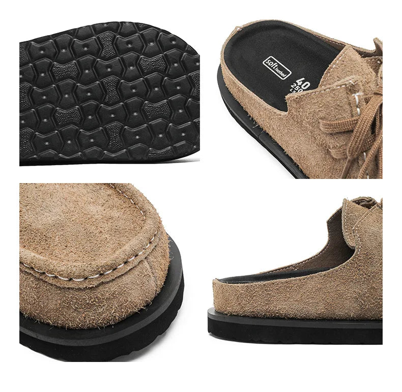 2025 Retro bag head lace-up leather one-pedal summer half slippers men and women couple cowhide shoes