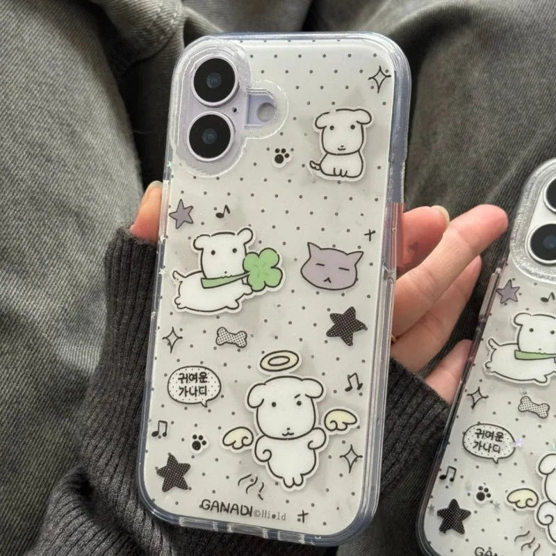 Korean Cute Big Head Puppy Polka Dots Phone Case For iPhone 17 Air 16 15 14 13 12 11 Pro Max 16e 17e X XR XS Max 7 8 Plus Cover