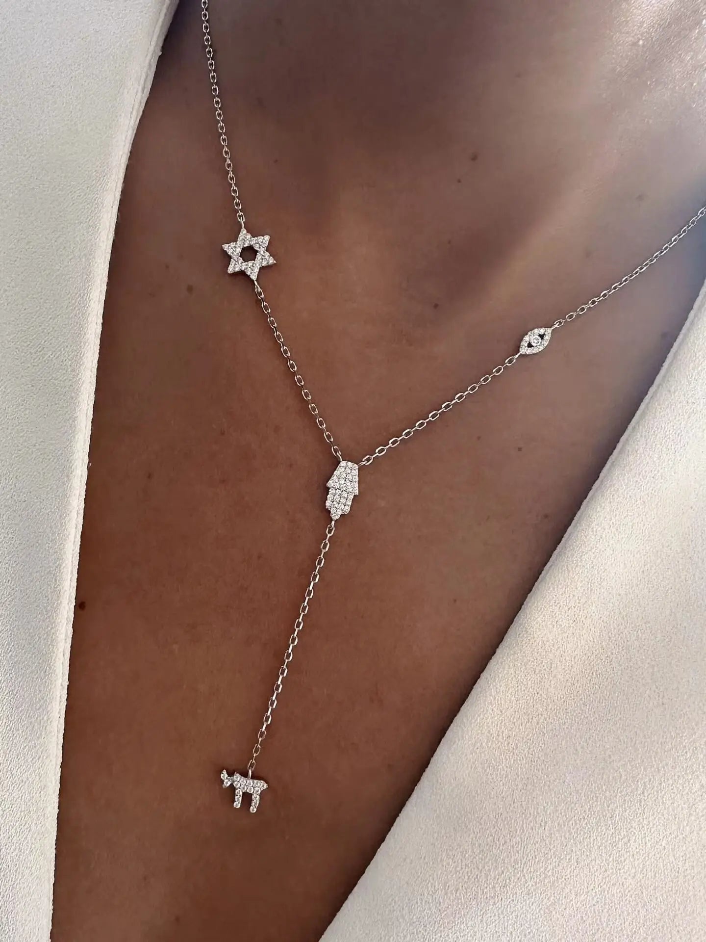 Lucky Cute CZ Star Eye Hand Chai Charm Lariat Y Necklace Amulet Judaism Sign of Life Gold Color Women Jewelry