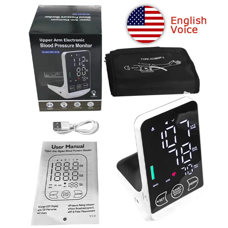 Large Display Screen Rechargeable Automatic Tonometer Arm Blood Pressure Monitor Digital Tensiometer English/Spanish Voice