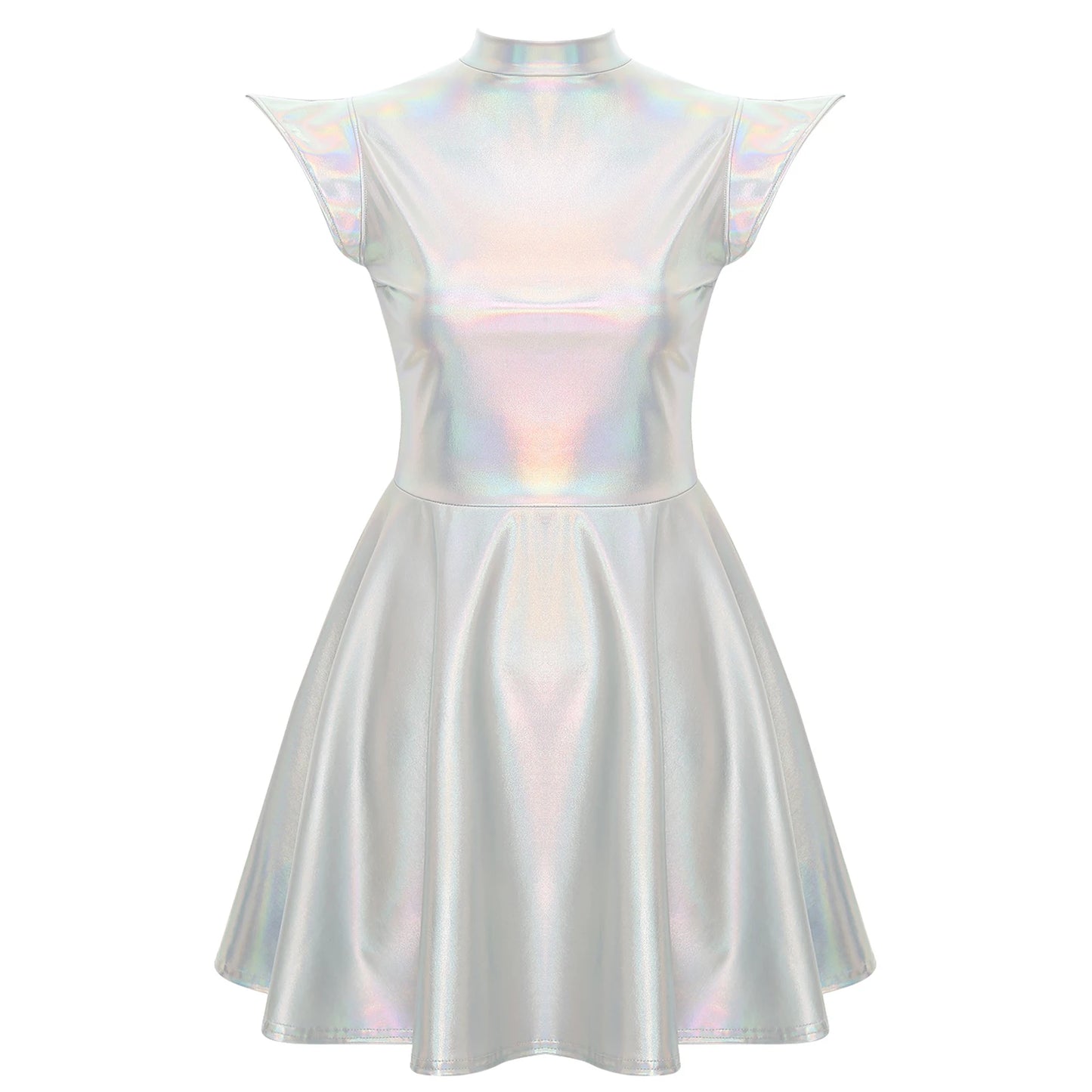 Womens High Waist A-line Dress Shiny Metallic Mock Neck Cap Sleeve Dress Modern Pole Dance Rave Party Bar Club Wear Street Wear
