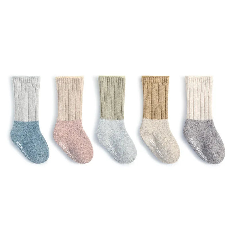 5 Pairs Winter Unisex Kids Baby Socks Infant Patchwork Non-slip Tube Socks Cotton Thick Warm Fleece Newborn Baby Stockings