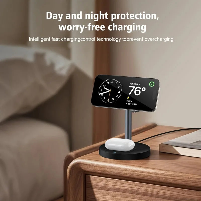 3 In 1 Magnetic Wireless Charger Adjustable Stand For iPhone 16 15 14 13 Pro Max iWatch 10 9 8 AirPods Pro Fast Charging Station