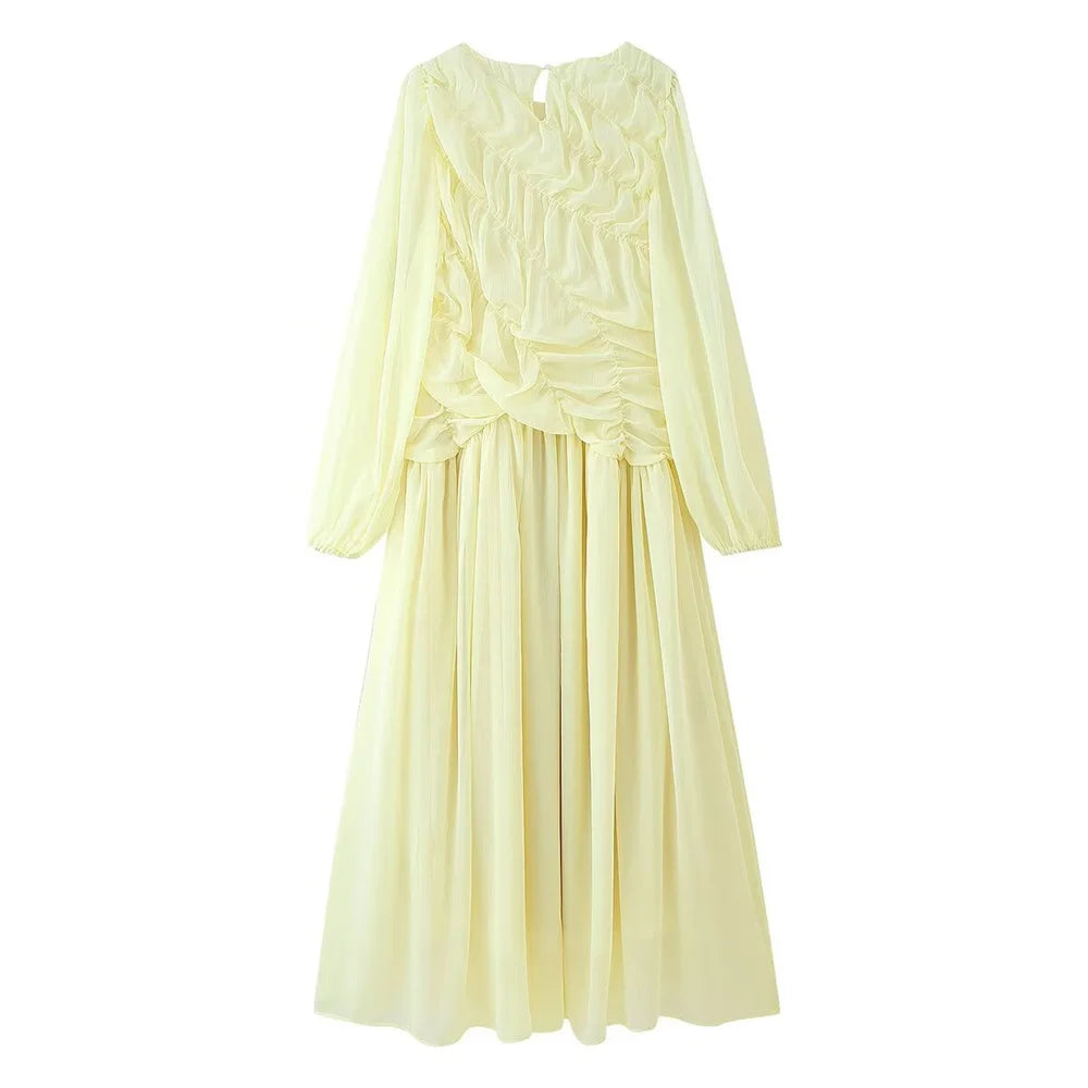 women's long sleeved mesh pleated loose casual dress summer new product solid color temperament long skirt