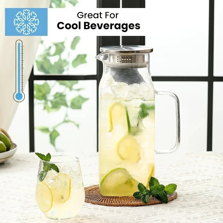 JUSTINLAU 1.2/2L Cold Water Jug High Borosilicate Glass Water Pitcher for Steamed Juice Fruit& Iced Tea Home Kitchen Accessories