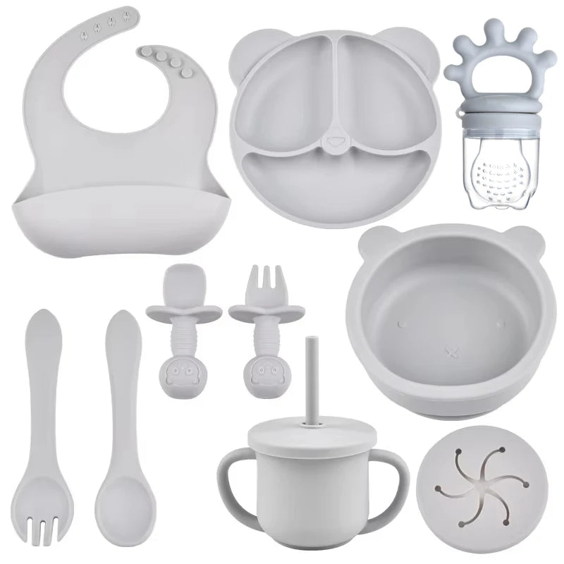 10pcs Children's Silicone Dinner Plate Set Strong Suction Anti-Fall Children's Eating Training Bowl Fork Spoon Feeding Tableware