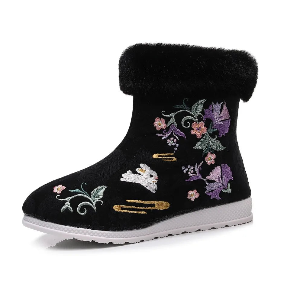 Winter Fashion Shoes Embroidered Fur Boots For Woman Bota Ancient Costume Botines Para Mujeres Hanfu Women's Boots Botas Mujer