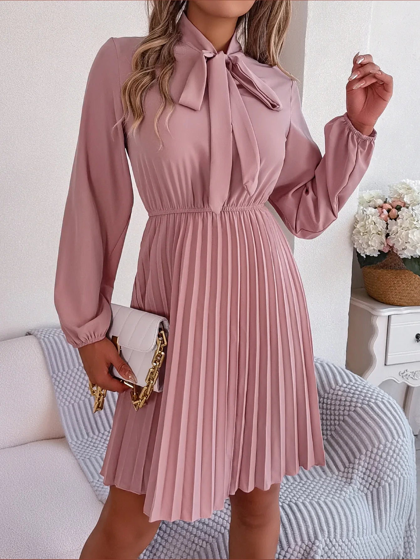 Women Fall Vacation Elegance V Neck Solid Tie Waist Ruffle Hem Pleated Midi Dress Long Sleeve Wedding Dress
