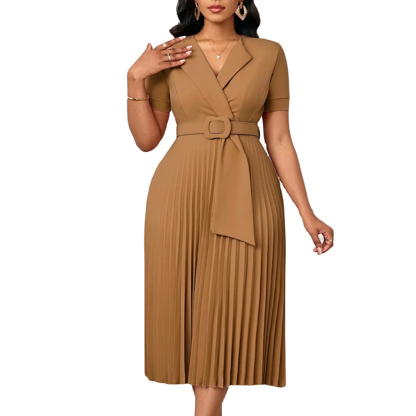 Sexy Short Sleeve V-Neck Elegant African Pleated Dress High Waist Midi Dress Fashionable Atmosphere Casual Elegant Style