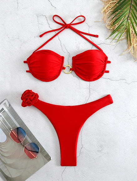 2026 Sexy Pink Paisley Bikini Set – Beaded Halter Top with Metal Pendant Perfect for Beach Wear Pool Parties Summer Getaways