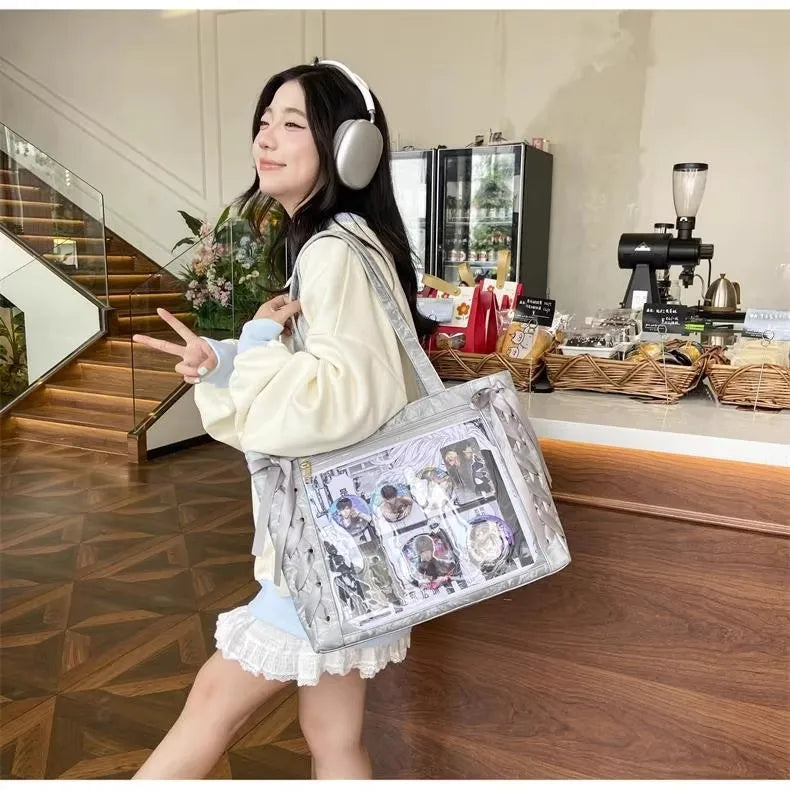 New Y2K Ribbon Bow Japanese Ita Shoulder Bag Cute Girl Transparent Pocket Large Capacity Crossbody Tote Bag DIY Display Handbags