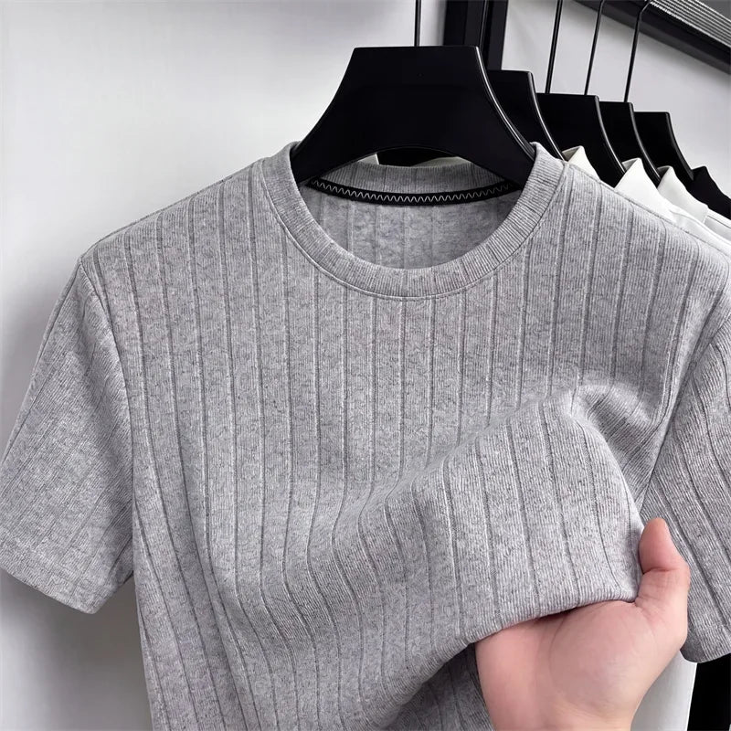 Men's Minimalist Crew Neck Ribbed T Shirt Comfortable Elastic Fabric Short Sleeve For Office And Casual Wear