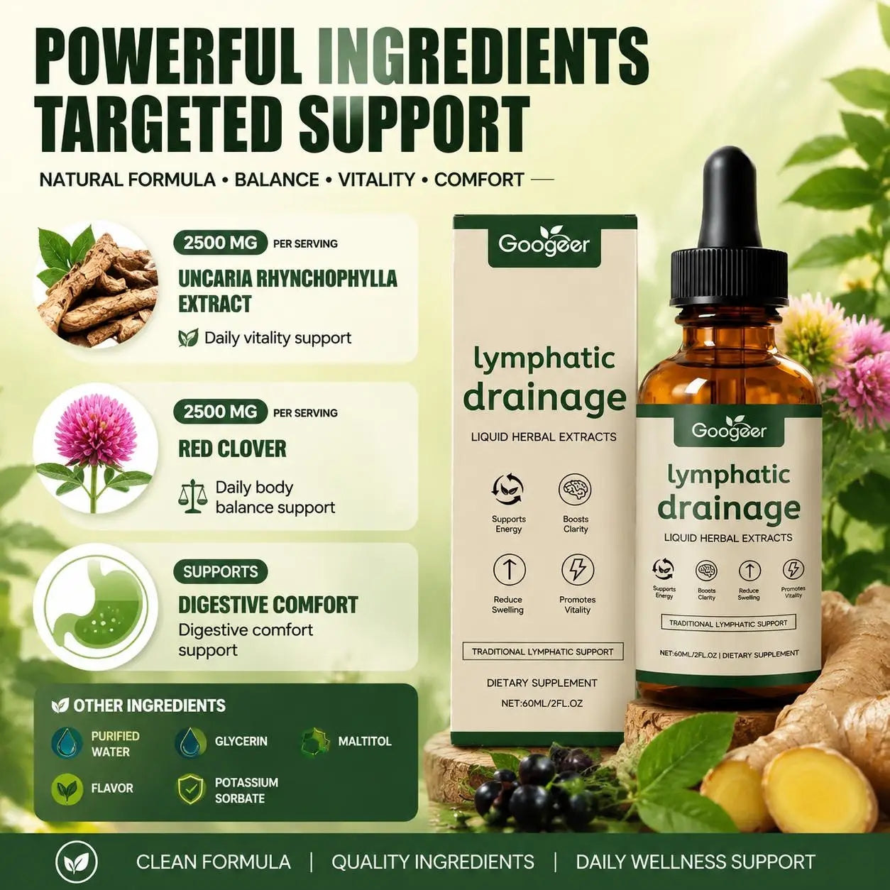 Googeer Lymphatic Drainage Drops for Bloat Relief & De-Puff, Lymph Node Detox Cleanse, Fluid Retention, Alcohol-Free 60 Servings