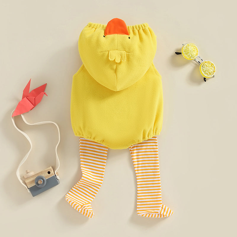 Lovely Chick Romper Baby Boy Girl Halloween Costumes Animal Cosplay Hoodie Romper Jumpsuit Bodysuit Stripe Leg Warmers