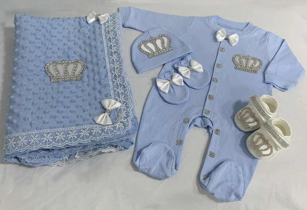 5pcs Newborn Baby Boy Outfits Kids Clothing Real Cotton Infant0 Products Shirt Pants Mittens Receiving Blanket