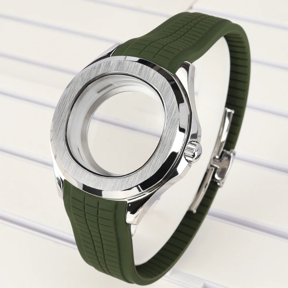 42mm Silver NH35 Watch Case Polished Brushed Black strap SapphireGlass For Nautilus AQUANAUT Cases Part NH35 NH36 NH38 32mm Dial