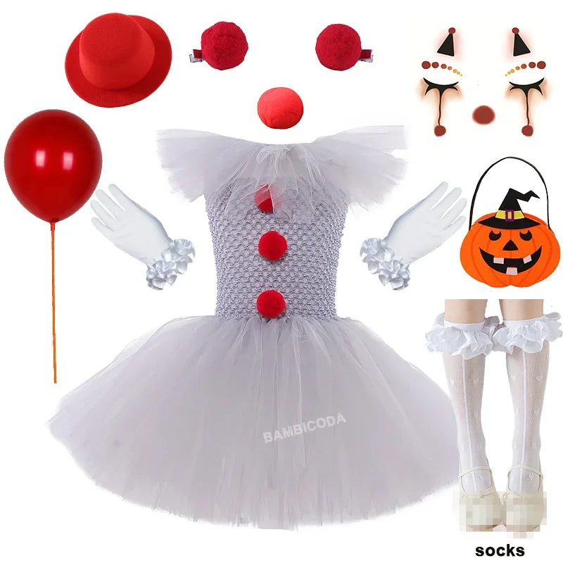 Halloween Pennywise Costume Creepy Clown Gray Tutu Dress Outfit Girls Fancy Carnival Party Tulle Dresses Joker Clothes