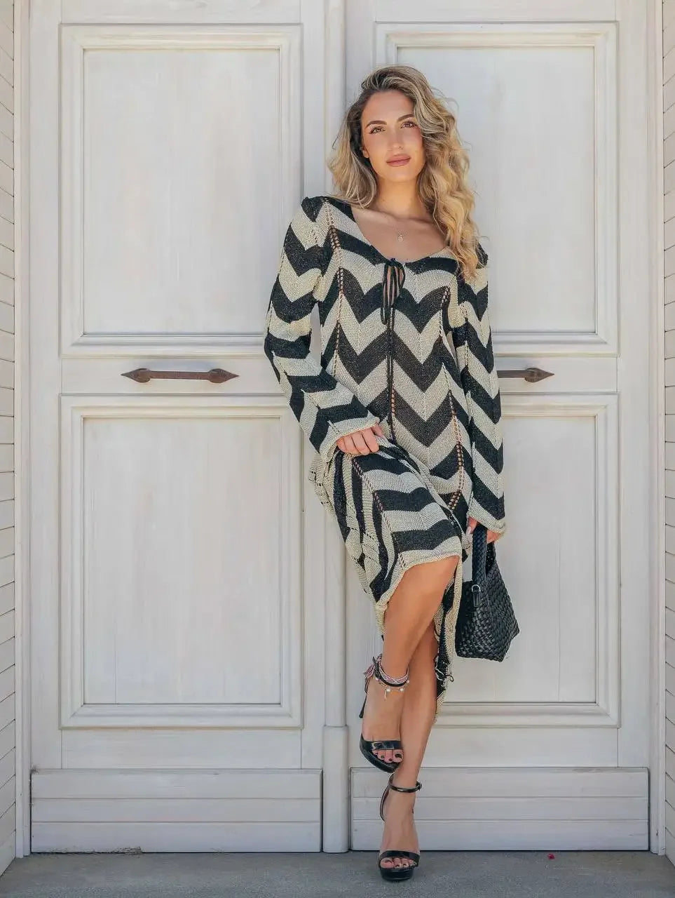 2025 Women's  Stripled Long Sleeve Slim Elegant Knitted Maxi Dress V Neck Autumn New Lace Up Hollow Sexy Beach Cover Up Dress