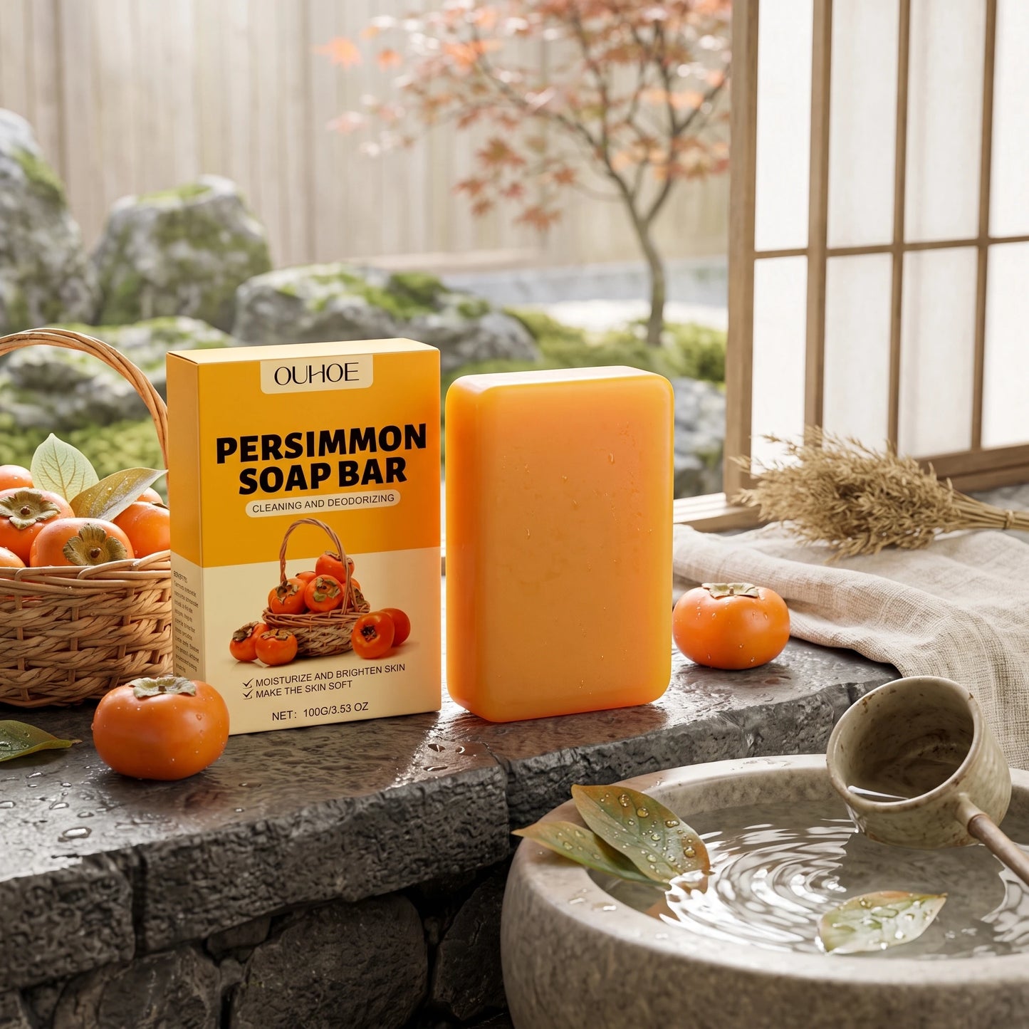 Persimmon Soap Bar Odor Removal Bath Bar Natural Deodorizing Body Cleansing Soap Soften Rough Skin Moisturizing Bath Soap