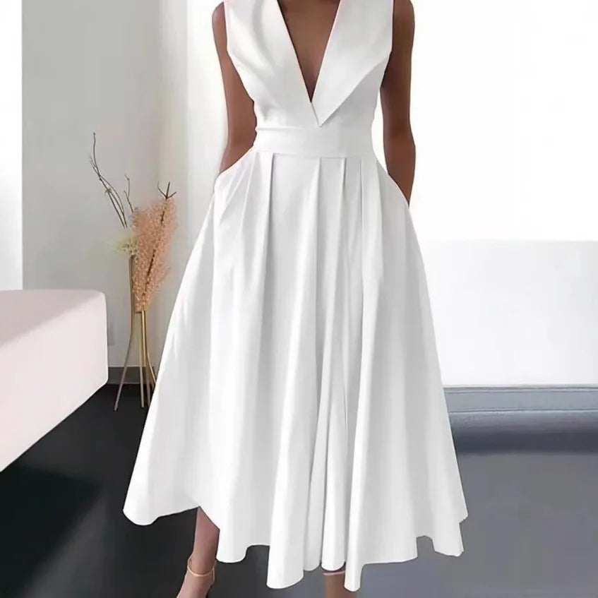 Hot Sale Of The Season New Women's Midi Dress Sleeveless Waist Cinched Large Flounce Pure Color Pocket Insertion Cross-Border...
