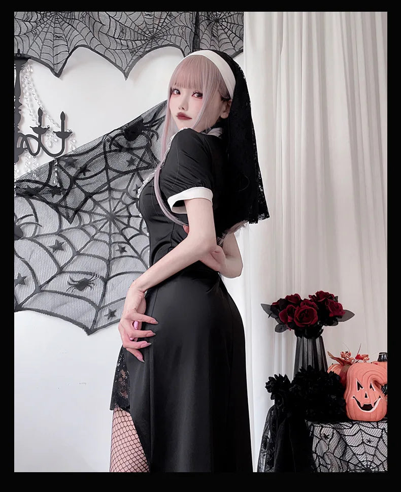 [You're My Secret] 2026 Halloween Cosplay Costumes Women's Vampire Costume Gothic Nun's Clothing Sexy Lace Slim Fit Black Dress
