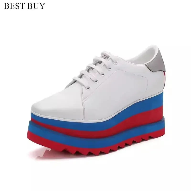 2024 Height Increasing Star Rivet Shoes Classic Platform Rose Gold sneakers Mix Color Square Toe Wedge Shoes Lace Up Lady Shoes