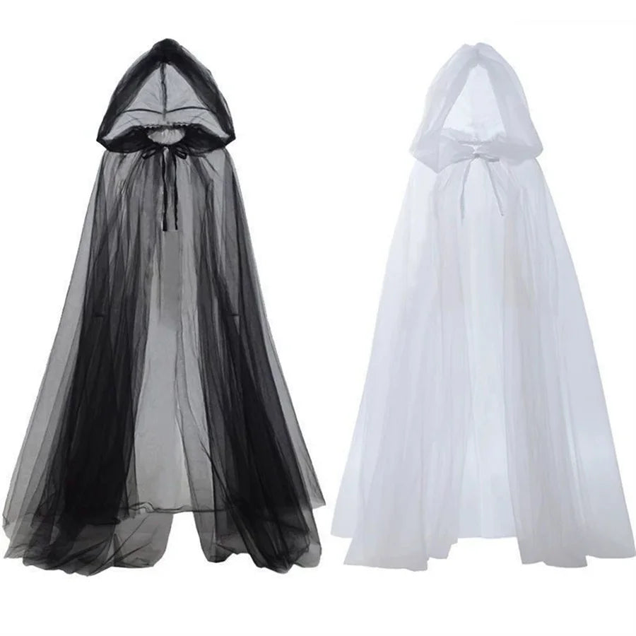 Halloween   cosplay - ghost costume with hooded cloak, death god witch net-like long dress, full-length performance outfit