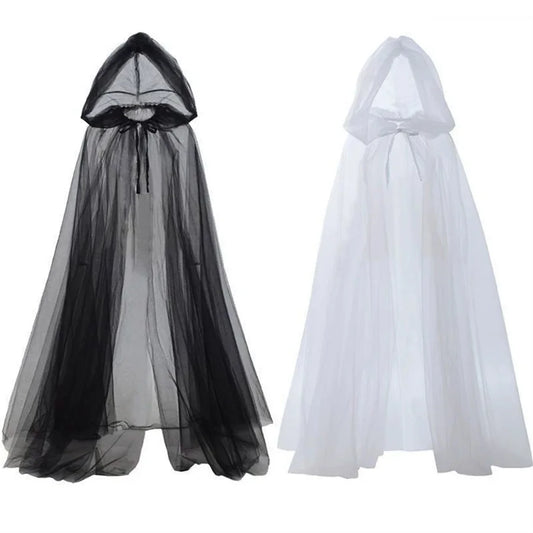 Halloween   cosplay - ghost costume with hooded cloak, death god witch net-like long dress, full-length performance outfit