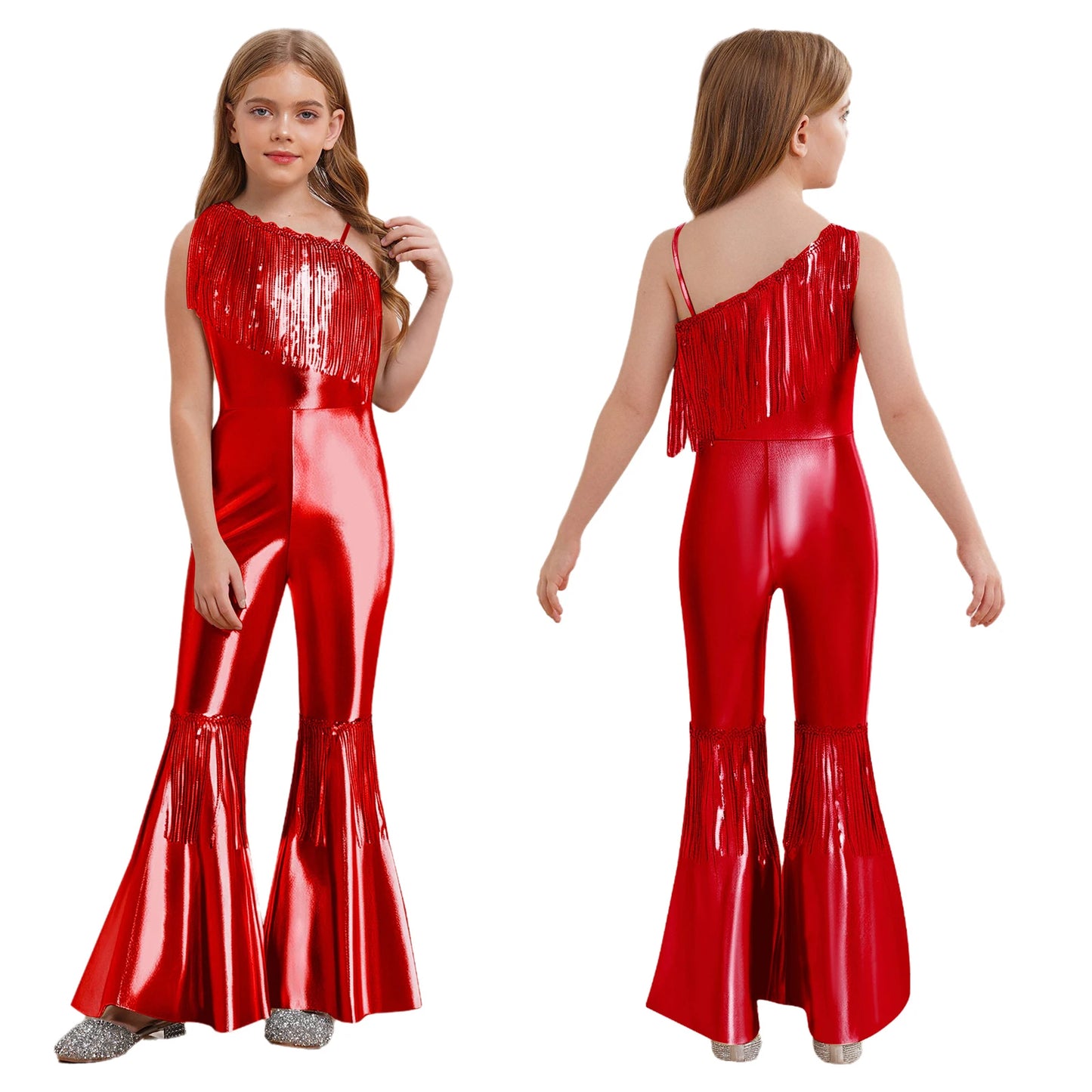 Halloween Kids Girls Hippie Costume Tassels Unitard Bell-bottom Long Pants Bodysuit Jumpsuit for Disco Dance 60s 70s Rave Party