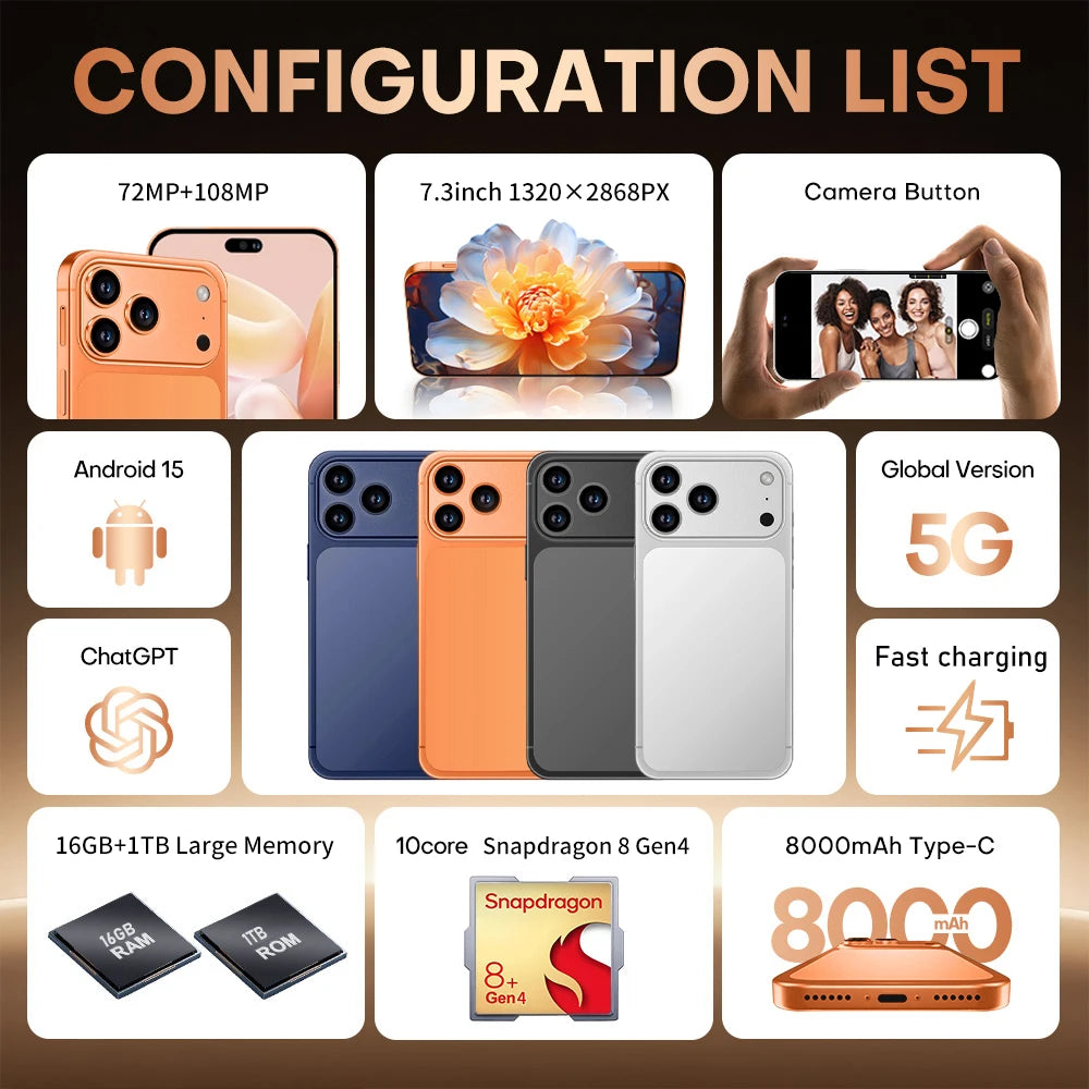 2026 Hot Sale i17 Pro max HQ intelligent 4G 5G original global version Snapdragon 8 Gen4 8000mAh battery dual card dual standby