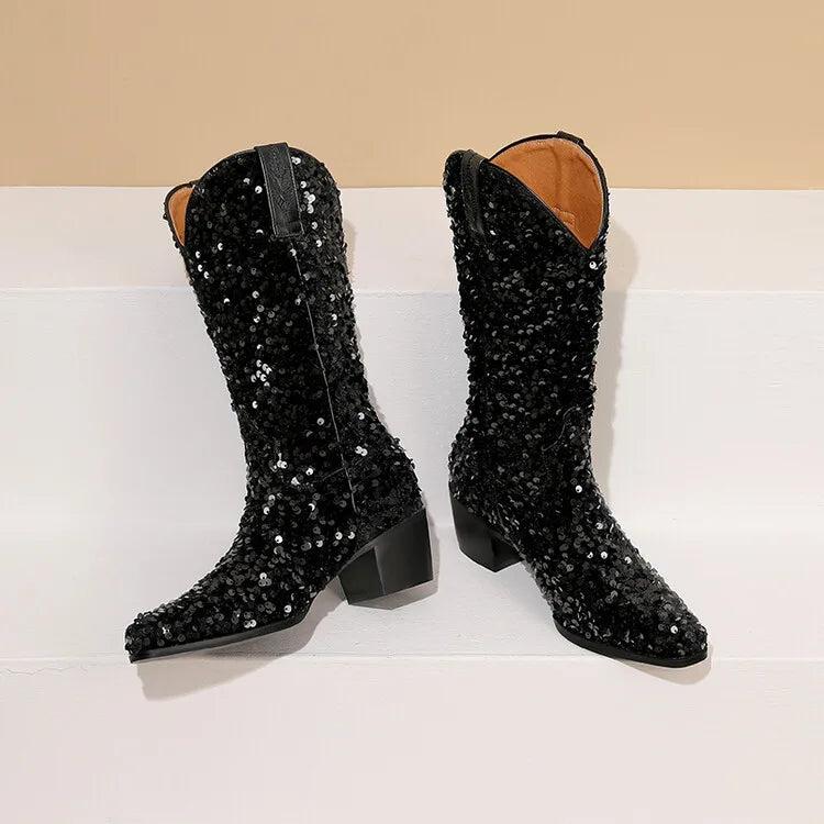 Women Sexy Western Boots Bling Bling Trends Party Chunk Heels Lady Shoes Fashion Pointed Nightclub Female Sequin Mid-Calf Boots