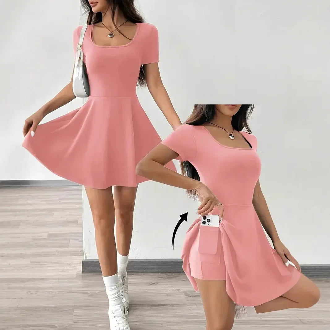 Summer 2025 Brown Knitted Short Casual Dress Mini Skirt Length Polyester Fiber Square Collar Empire Waistline Regular Sleeve