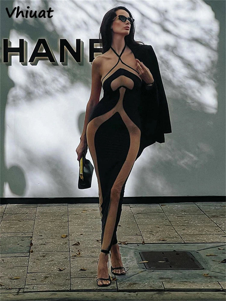 Vhiuat Hollow Out Sexy Women Striped Evening Party Maxi Dress Sleeveless Backless Halter Elegant Fashion Long Dresses Y2K 2024