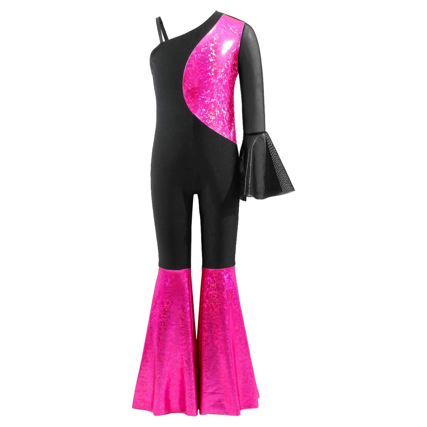 Kids Girls Hippie Halloween Costume Tassels Unitard Bell-bottom Long Pants Bodysuit Jumpsuit Disco Dance 60s 70s Rave Party Wear