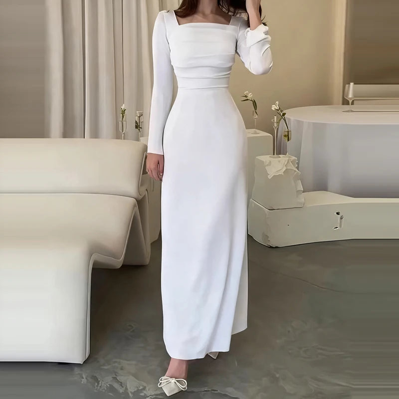 White Slim High Waist Banquet Dress Temperament Women Long Sleeve Party Maxi Dresses Fashion Square Collar Pleated Evening Dress