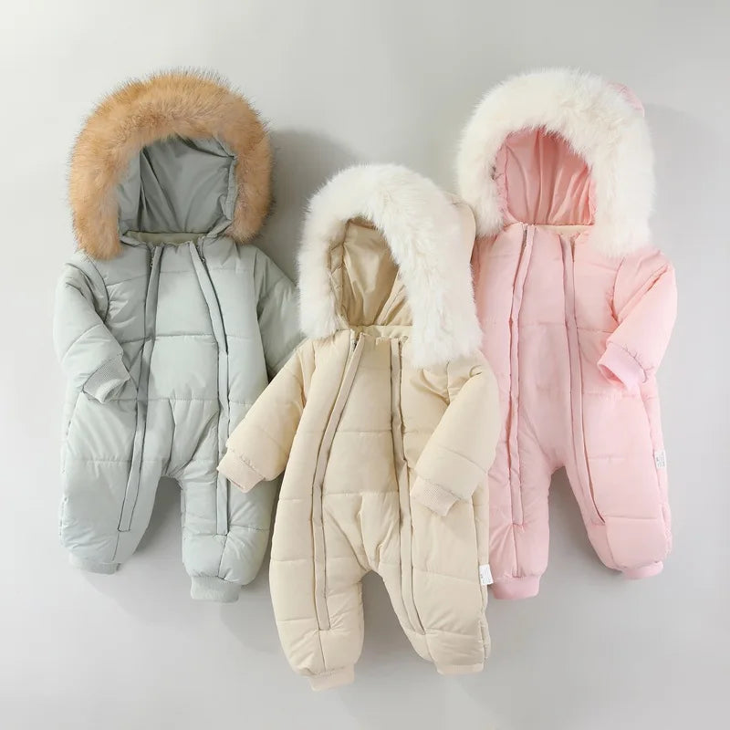 Newborn Baby Winter Snowsuit Furry Hooded Double Zipper Boys Girls Cotton Padded Jumpsuit 0-2Y Kids Warm Outwear Romper
