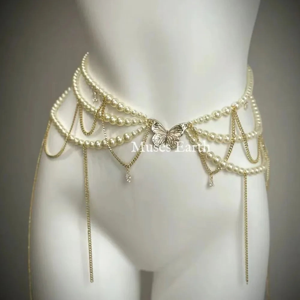 Fashion Elegant Pearl Waist Chains Versatile Waist Accessory Floral Belly Chain Boho Body Jewelry Women