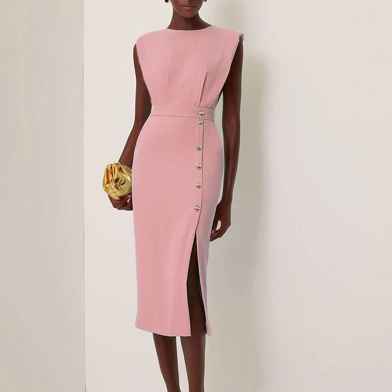 Women's Solid Sleeveless Slim Fit Midi Dress Women Summer Party Dress Lady Office Dress Elegant Button Split Up Evening Dresses