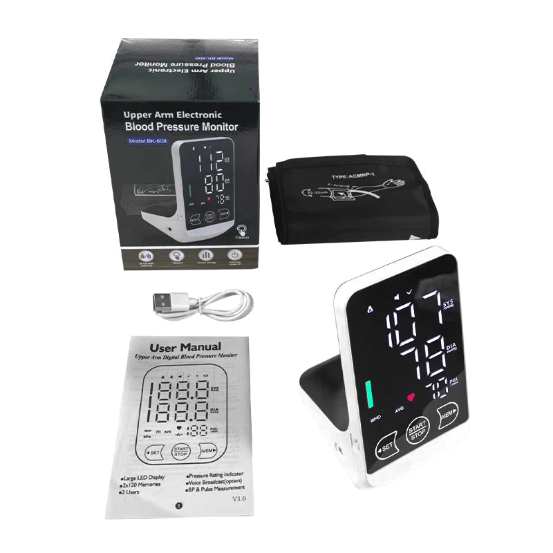 Large Display Screen Rechargeable Automatic Tonometer Arm Blood Pressure Monitor Digital Tensiometer English/Spanish Voice