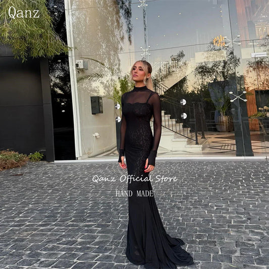 Qanz Modest Black Lace Evening Dresses Sheer Long Sleeves Prom Dress Mermaid Elegant Dresses For Special Event  Customized