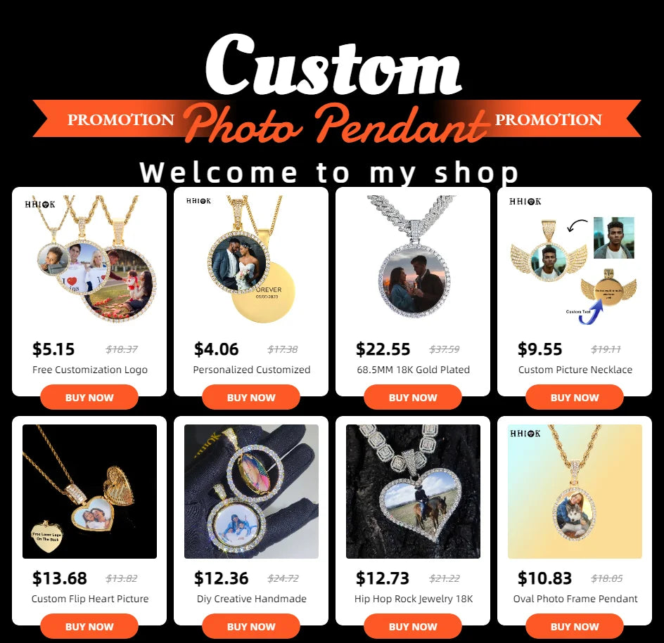 HHIOK Custom 18K Gold Plated Cubic Zircon Photo Pendant Medallions Wing Circle Pendant Necklace Personalized Wholesale